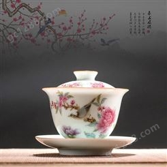 手绘陶瓷粉彩三才盖碗单个防烫加厚中国风茶碗