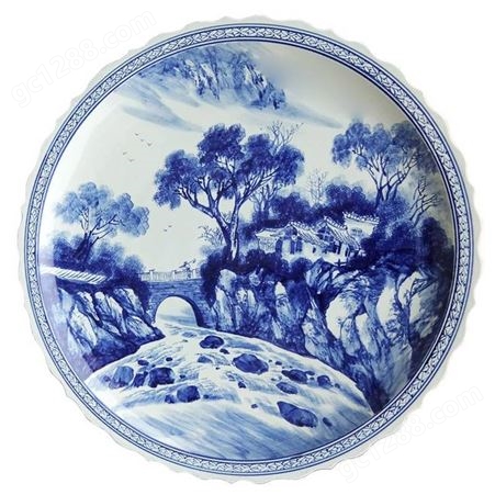 手工贴花陶瓷纪念盘 青花山水陶瓷盘 海鲜陶瓷大瓷盘 可定制
