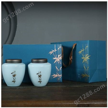 现代简约陶瓷茶叶罐青釉红釉陶瓷储茶罐2罐一装礼盒包装年终礼品