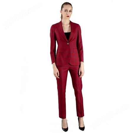 欧美2021年新款羊毛私人定制女装单排一扣红格戗驳领西服套装