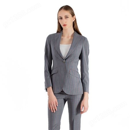 欧美2021年新款私人定制女装一粒扣灰色条纹戗驳领西服套装圆下摆